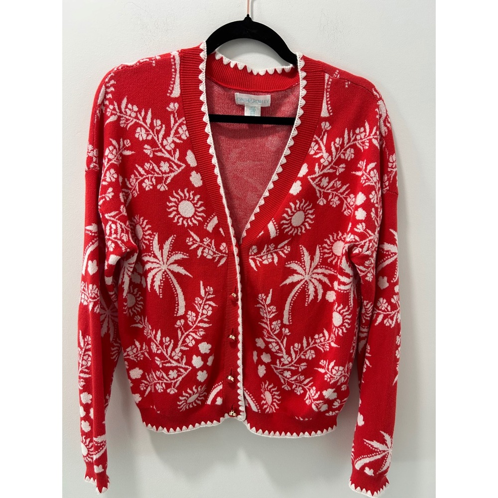 Cynthia Rowley Red White Tropical Palm Tree Scalloped Cotton Cardigan Sweater M